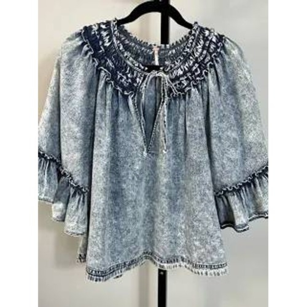 Free People Top Acid Wash Ruffle Bell Sleeve Boho Women's Med Blue Boho Cotton